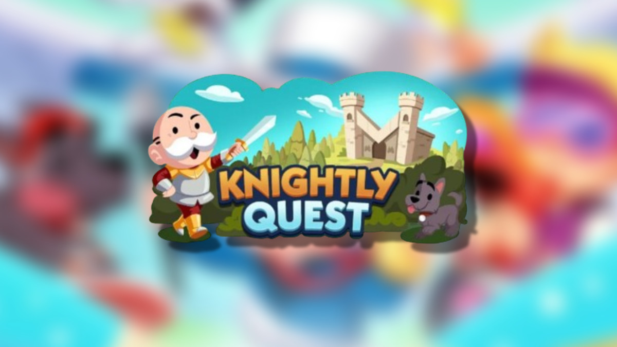 The Monopoly GO Knightly Quest Logo on top of a blurred Monopoly GO Background in an article detailing what players can earn during the event