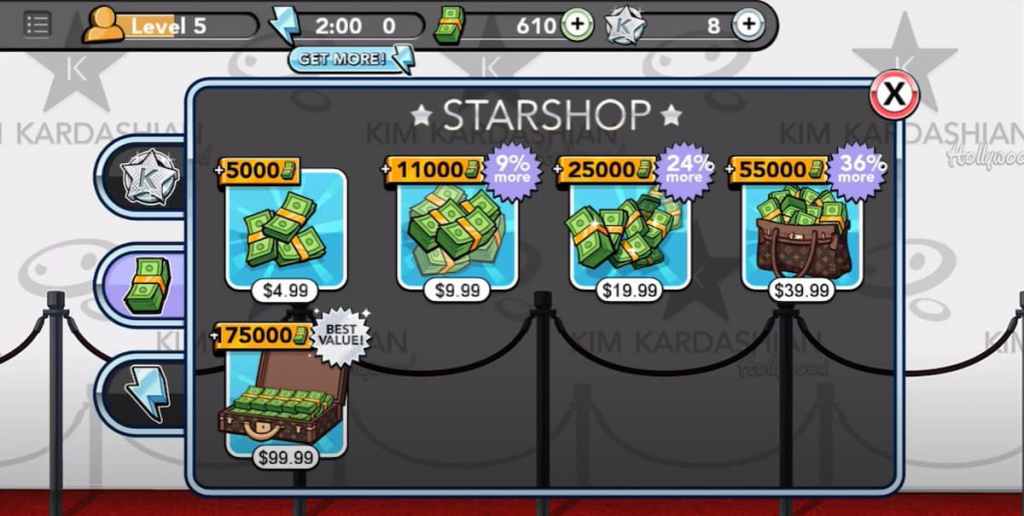 Image of the Starshop in Kardashian Hollywood with a variety of microtransaction options avaialble 