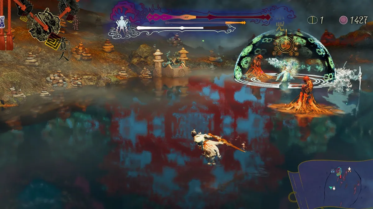 Image of a fight taking place on water, with one contender in a transparent bubble in Kunitsu-Gami: Path of the Goddess