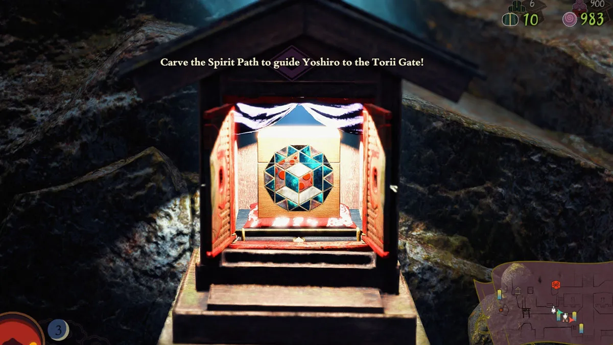 Image of a Mazo Talisman puzzle in Kunitsu-Gami: Path of the Goddess, which features a small shrine house with a geometric pattern within 