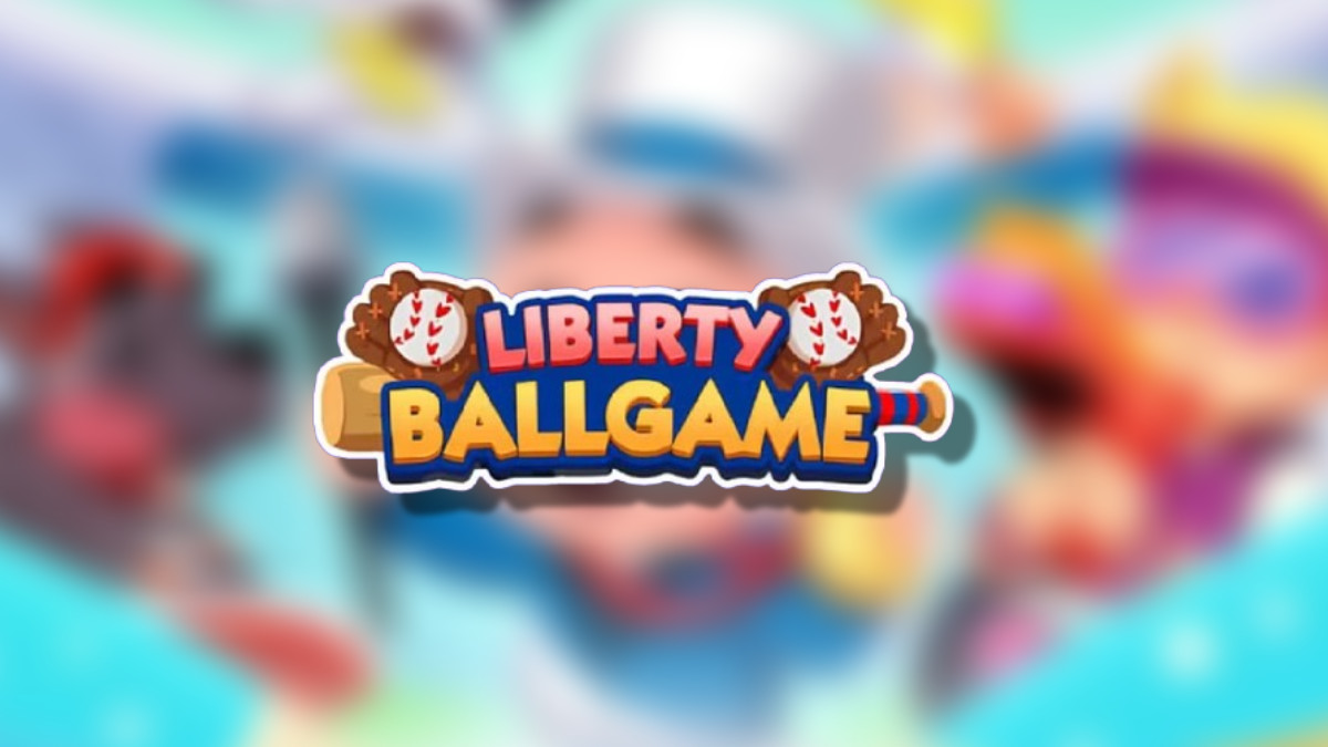 An image showing the Monopoly GO Liberty Ball Game logo on top of a blurred background, headlining an article about the Liberty Ballgame tournament featuring all prizes and milestones