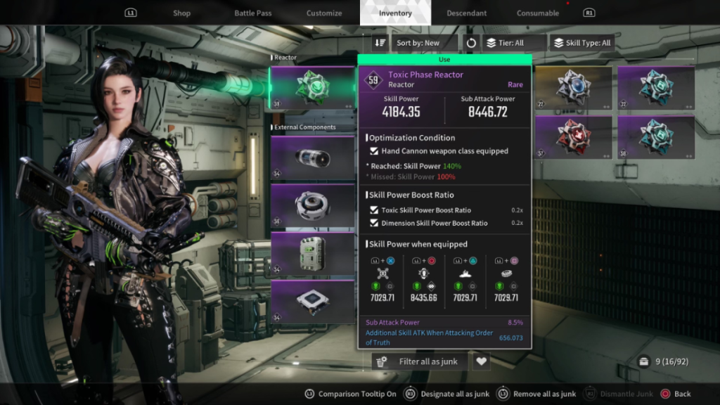 Image of Freyna in The First Descendant, with the Reactor menu open and the cursor hovering over Toxic Phase Reactor