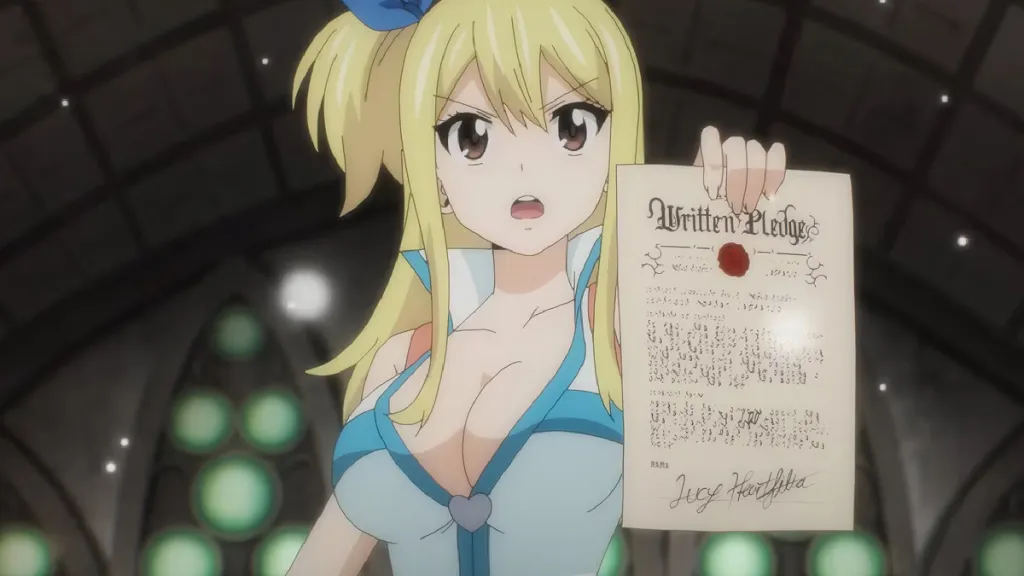 Lucy Showing off Written Pledge in Fairy Tail 100 Years Quest