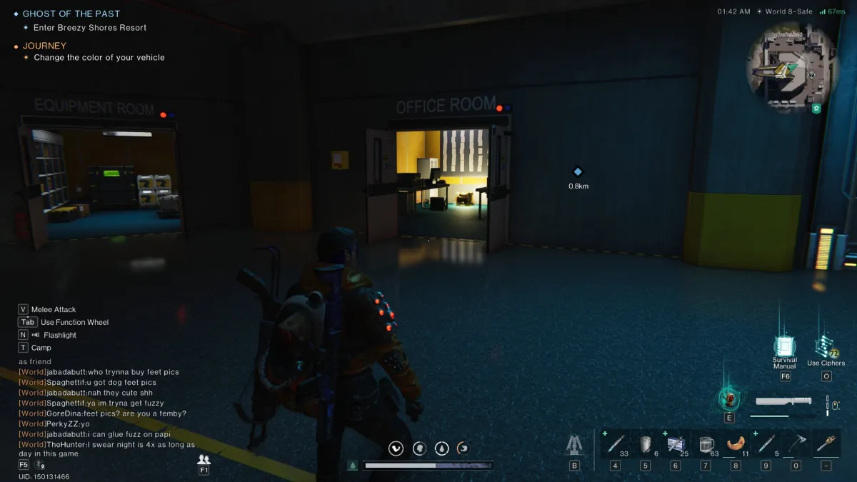 The player stands in the dark, looking at a lit room several feet away, with a glowing gear crate inside