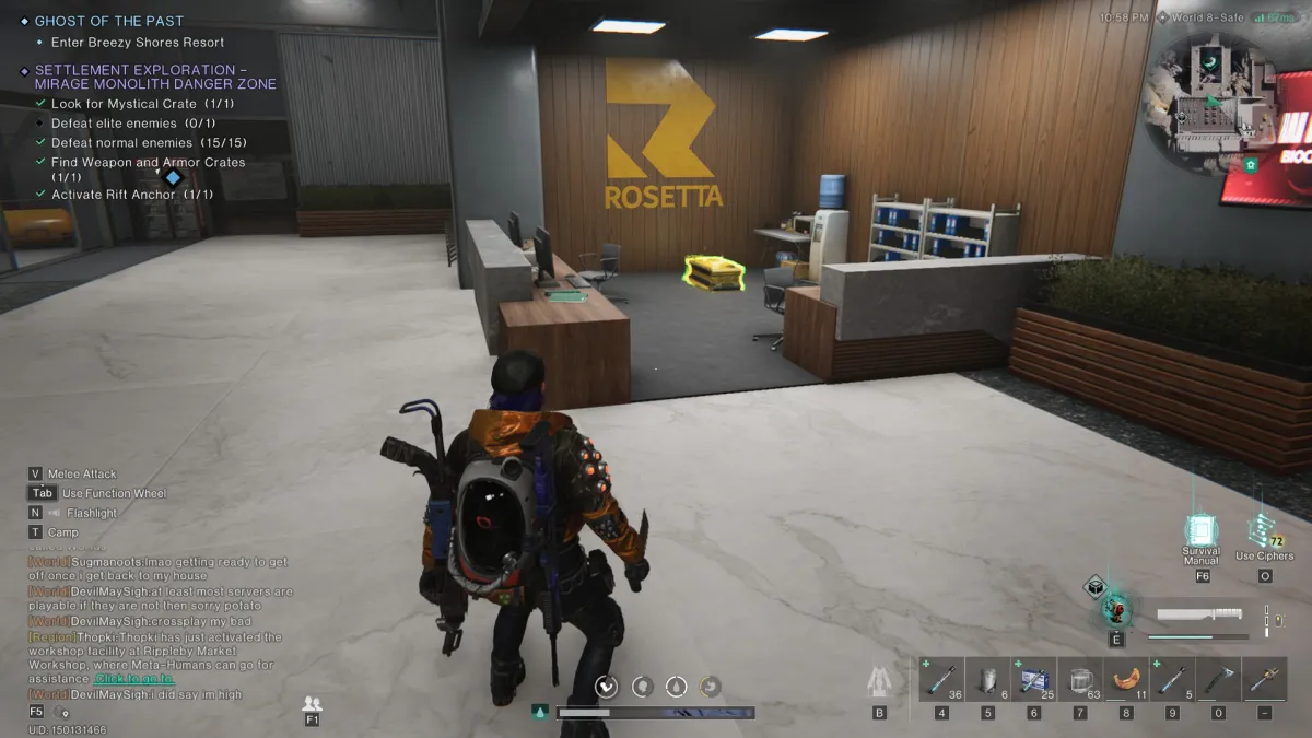 A receptionist desk with a large R emblazoned over it and a weapon crate tucked behind it