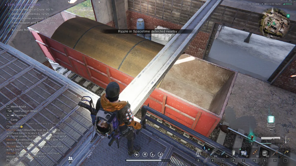 Image of the player on a railing looking down at the open ceiling of a train cart