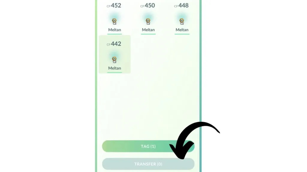 Screenshot from Pokemon GO, showing what happens when you try to select multiple Meltan to transfer at once