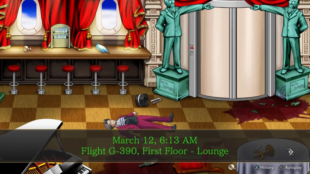 Image of Miles Edgeworth lying sprawled on a tile floor in a bar in  Episode Two of Ace Attoney: Miles Edgeworth Investigations 