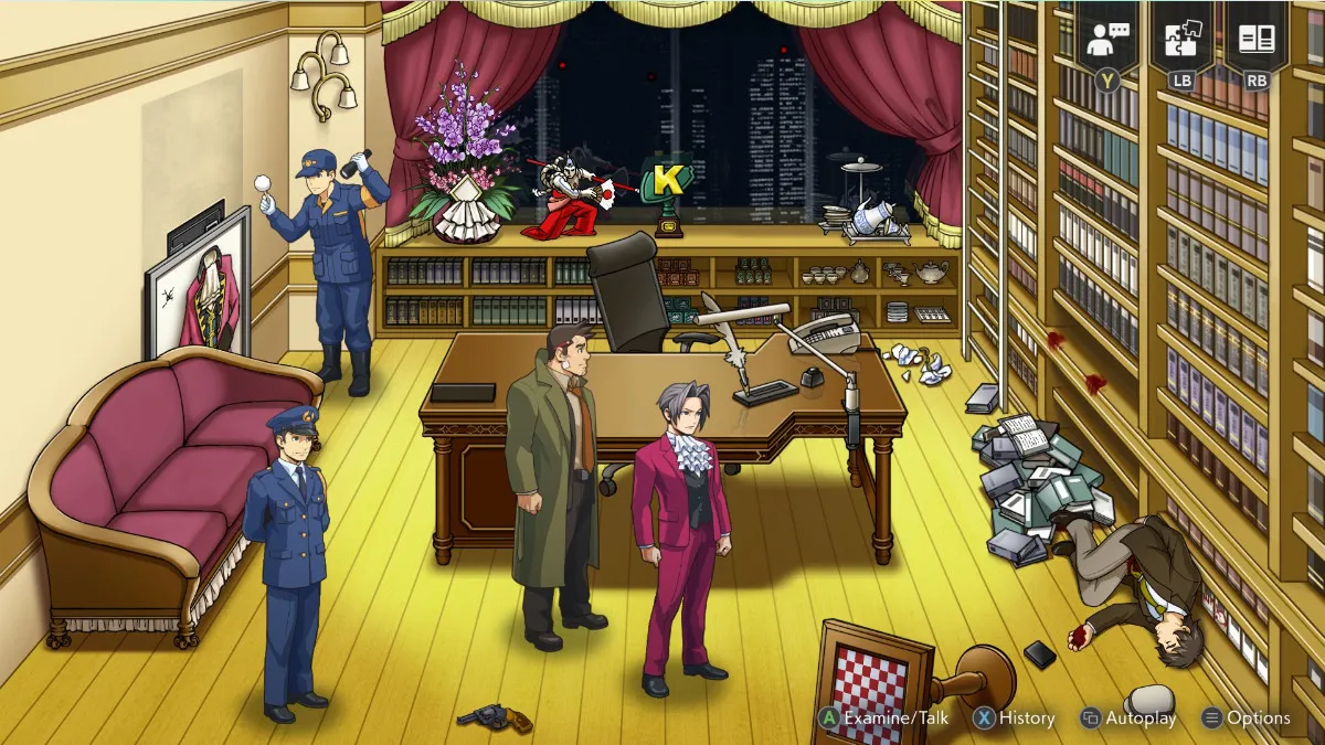 Edgeworth stands in an office surrounded by police officers in Ace Attorney Investigations Collection, with a corpse against a book case and a variety of fallen objects, including a gun, on the floor