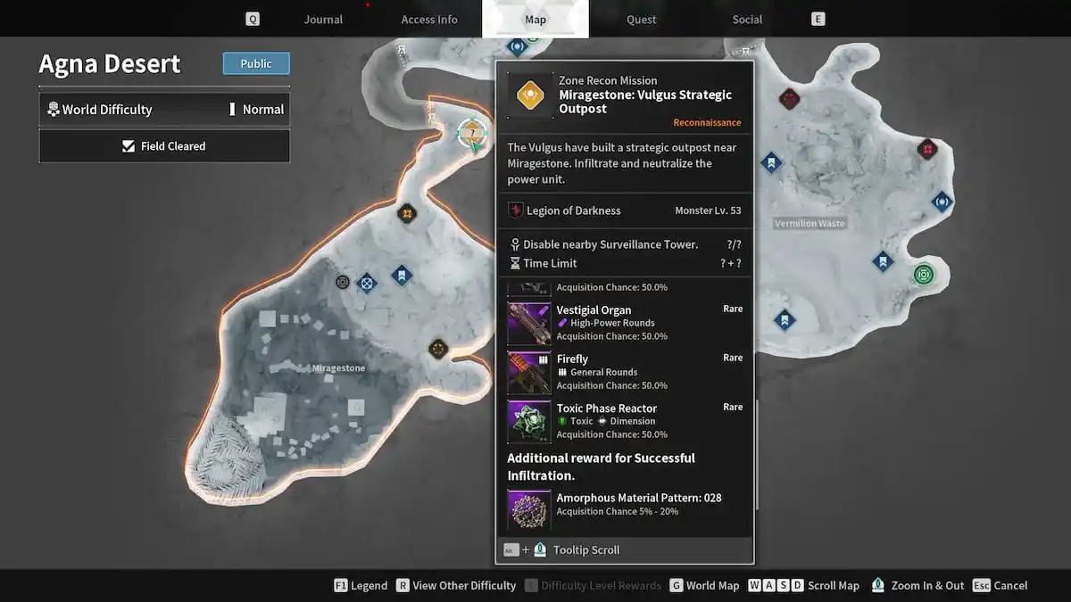 Image of the Agna Desert map with the cursor hovering over the Miragestone Vulgus Strategic Outpost menu in The First Descendant 