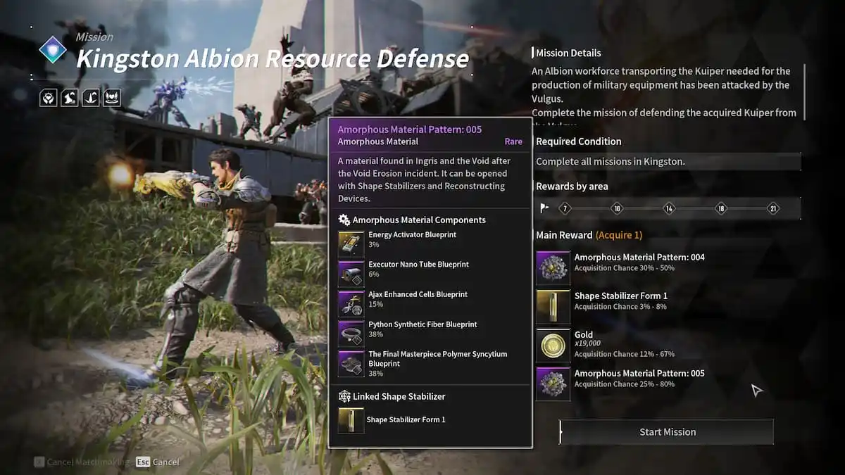 Image of the Kingston Albion Resource Defense screen which displays possible mission rewards in The First Descendant 