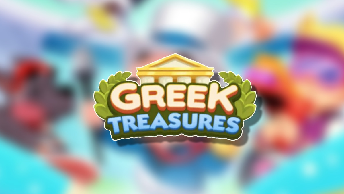 The Greek Treasures Logo on top of a blurred Monopoly GO Background headlining an article detailing the rewards and milestones that players can earn during the event