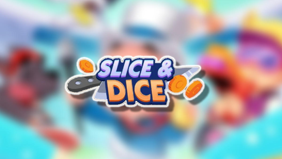 An image showcasing the latest Monopoly GO event, with the Slice & Dice logo on top of a blurred background, as part of an article on all the rewards and milestones you can get during the event.