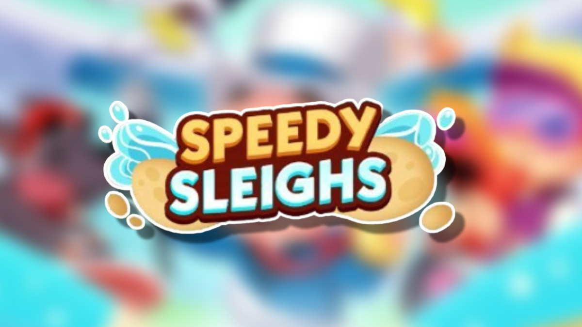 The Monopoly GO Speedy Sleighs logo on top of a Monopoly GO Background headlining an article detailing the rewards and milestones players can earn during the tournament