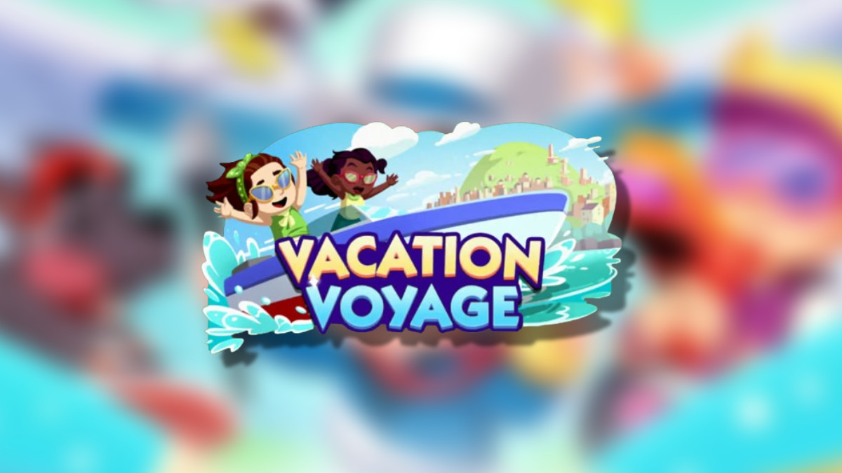 The Monopoly GO Vacation Voyage logo on top of a blurred Monopoly GO background in an article detailing all of the rewards and milestones earnable via the event.