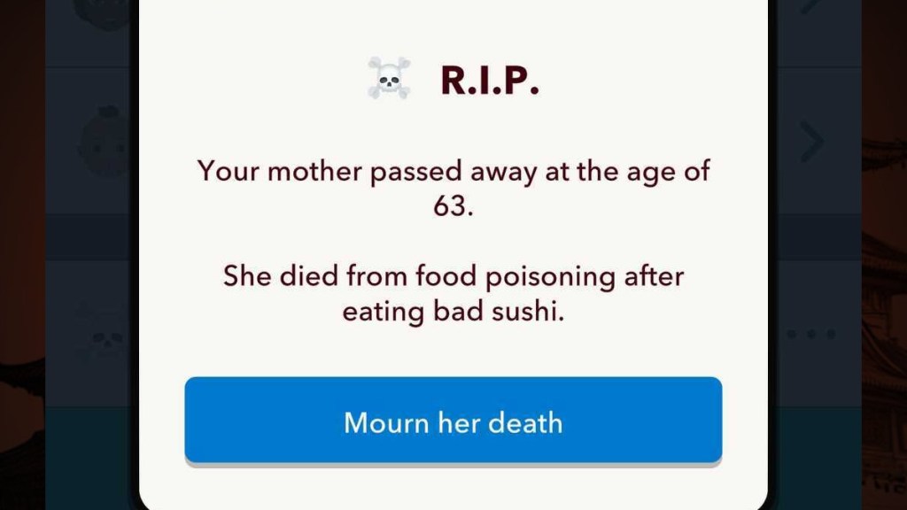 An image showing the option to mourn the death of a parent in BitLife during the Warrior Woman challenge