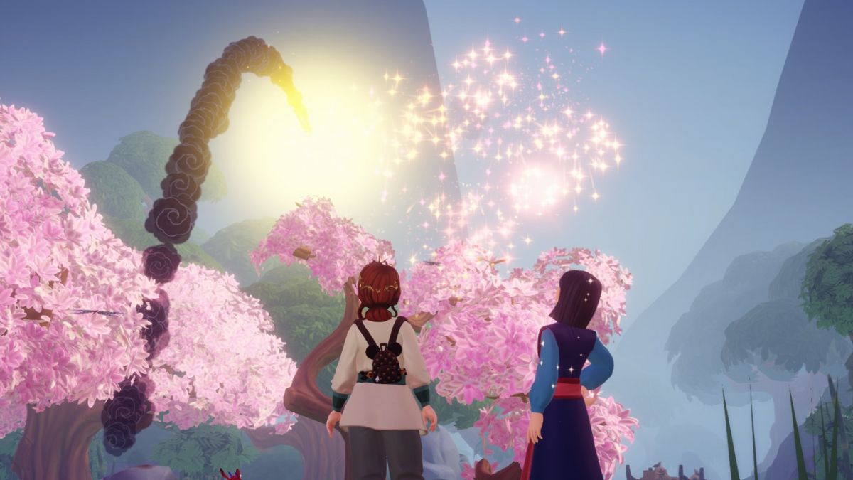 Mulan's Realm Disney Dreamlight Valley, showing a player character and Mulan watching a canon