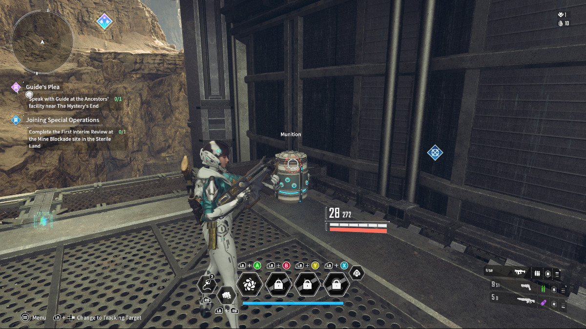 A screenshot of The First Descendant showing Valby standing in front of a Muntions Container in the Sterile Lands Classified Area Zone