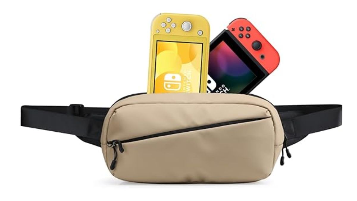 Image of a brown belt bag with two Nintendo Switch consoles being tucked into it