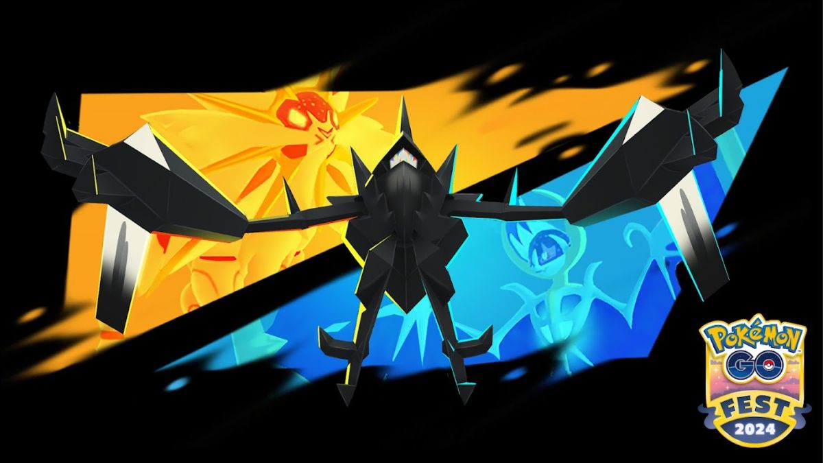 Pokemon GO image showing Necrozma, with Necrozma Dusk Mane and Dawn Wings in the background