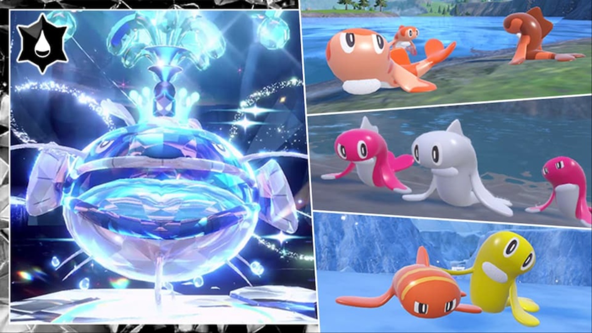 Water Tera type Dondozo in a 7-Star Tera raid in Pokemon Scarlet and Violet beside three vertical images of various Tatsugiri forms.