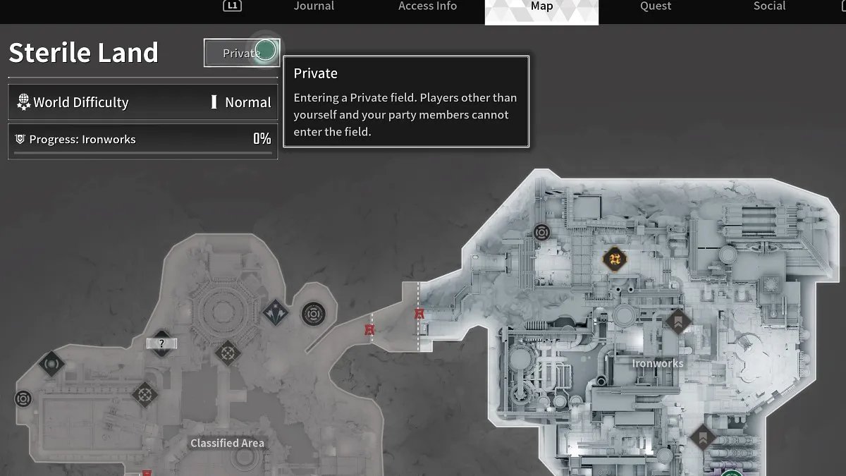 Private play toggle on The First Descendant map.