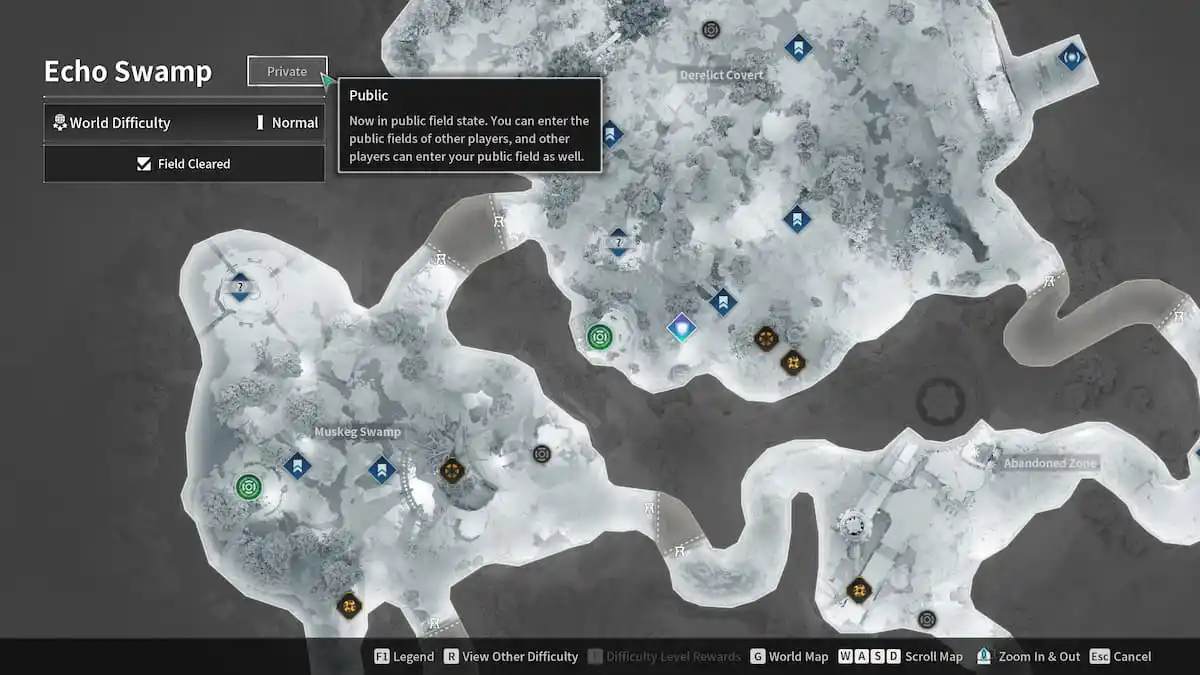 Image of the Echo Swamp map with the cursor hovering over private in First Descendant 