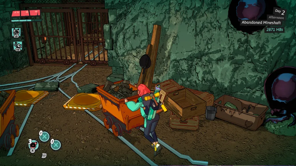 Luisa pushes a full minecrat down a rail onto a pressure plate in Dungeons of Hinterberg