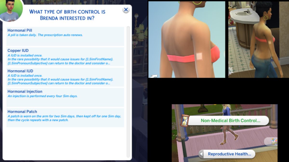 Screenshot showing the Relationship and Pregnancy Overhaul Mod Sims 4, which showcases a pregnant woman, a woman with a medical patch, and healthcare menus