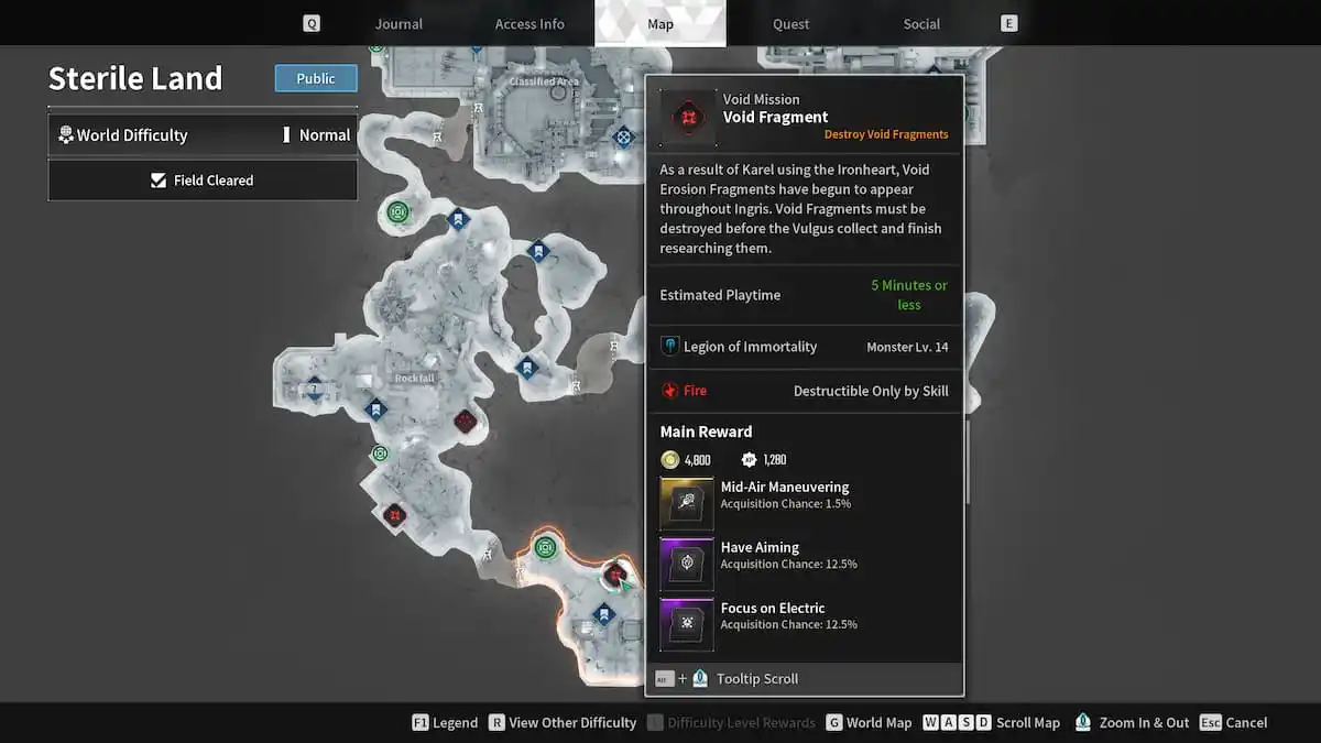 Image of the Sterile Land map in The First Descendant with the cursor hovering over the Void Fragment mission