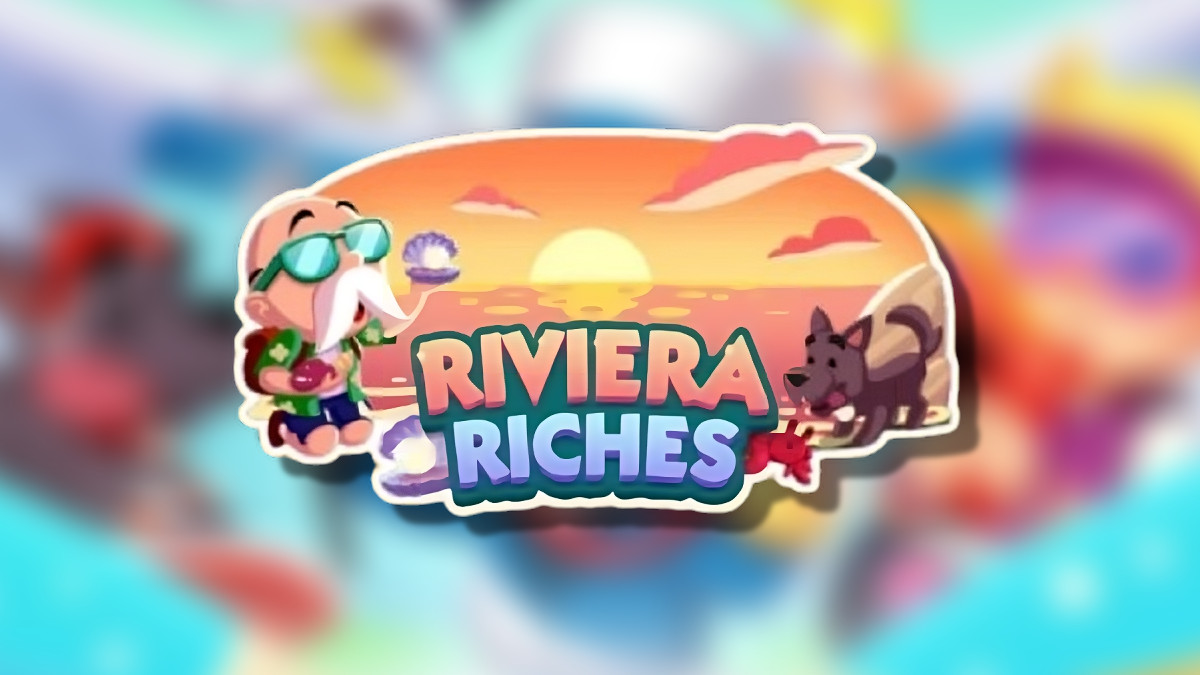 The Riviera Riches logo on top of a blurred Monopoly GO background in an article detailing the rewards and milestones players can earn during this event