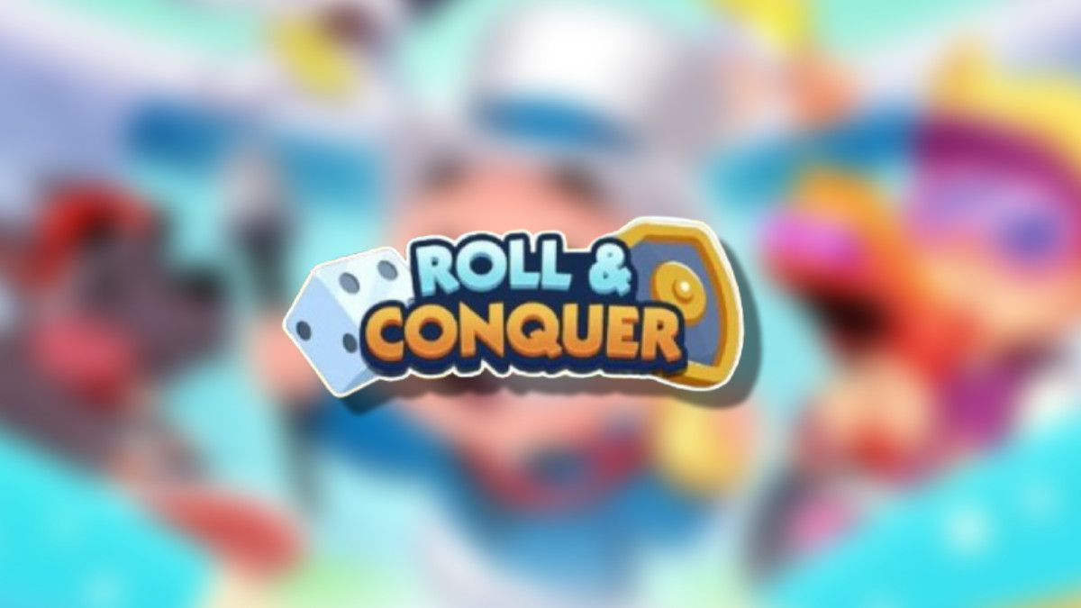 The Roll & Conquer tournament logo on top of a blurred Monopoly GO background headlining an article describing all rewards and milestones