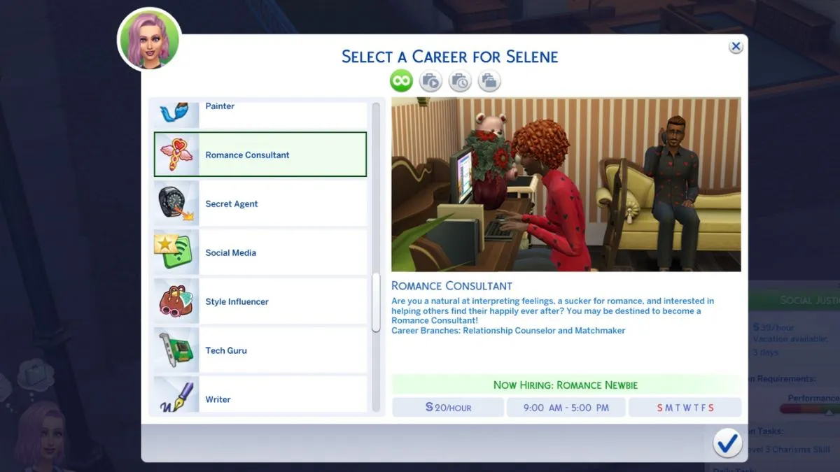 Screenshot showing the career selection panel for Romance Consultant Career Sims 4 Lovestruck