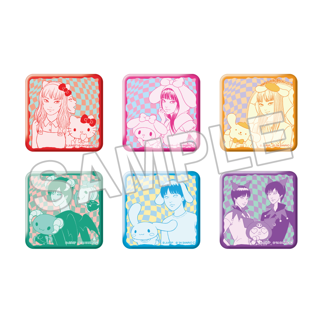 Image of six stickers, three of which show Junji Ito's Tomie and three Sanrio characters, three show the characters from the manga Lovesickness Dead and three Sanrio characters