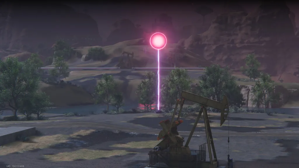 Image of an open plain, a beam of light ending in a neon pink circle in the air in Once Human