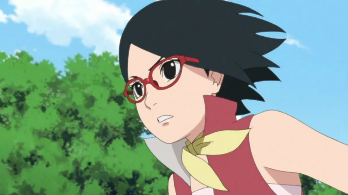 Sarada running with concerned look on face in Boruto anime