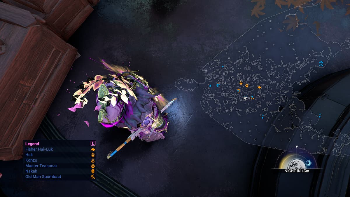 Image of the player character being looked at from above as they stand on a black floor in Warframe, with a map projected beside them on teh right