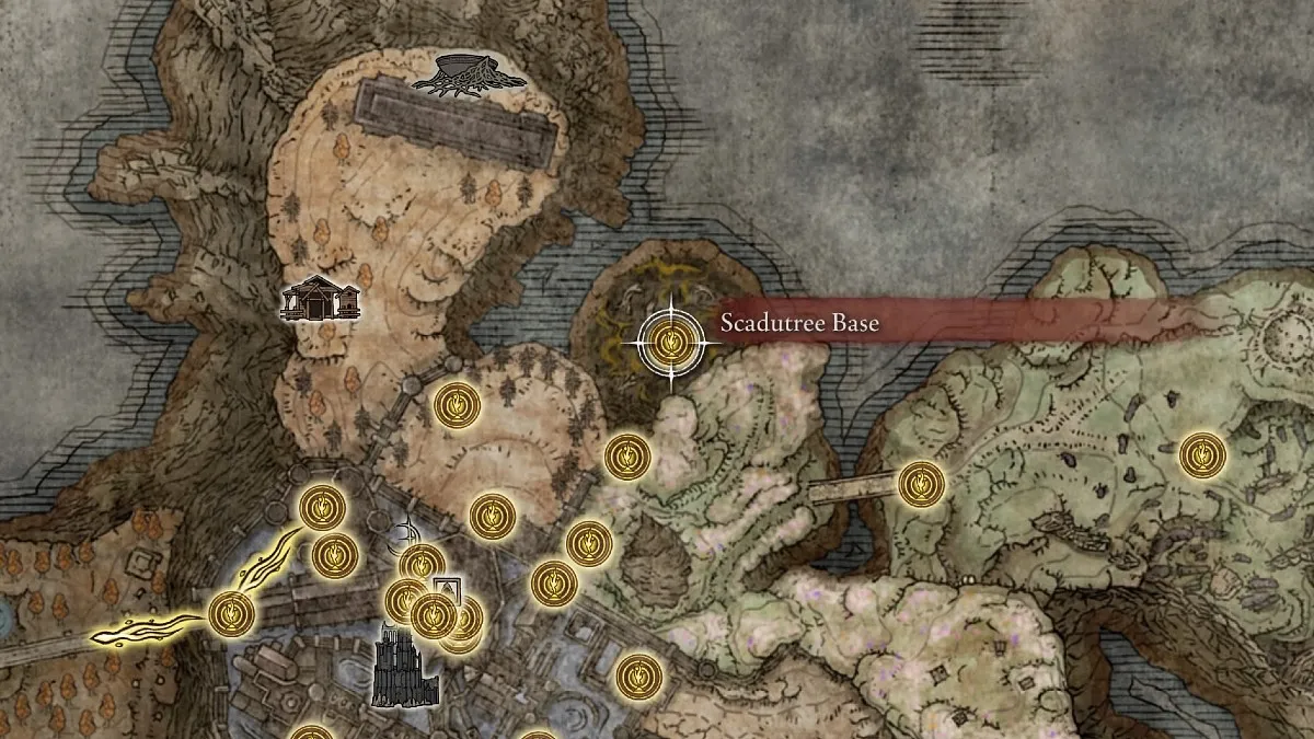 Image of the Scadutree Base highlighted on the map in Elden Ring.