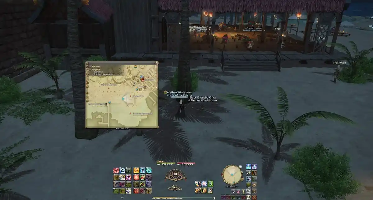Image of the player character on the beach looking at a map in FFXIV 
