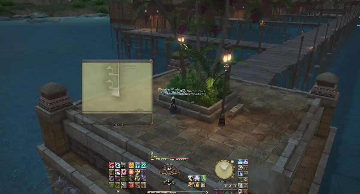 Image of the player character on a pier looking at a map in FFXIV