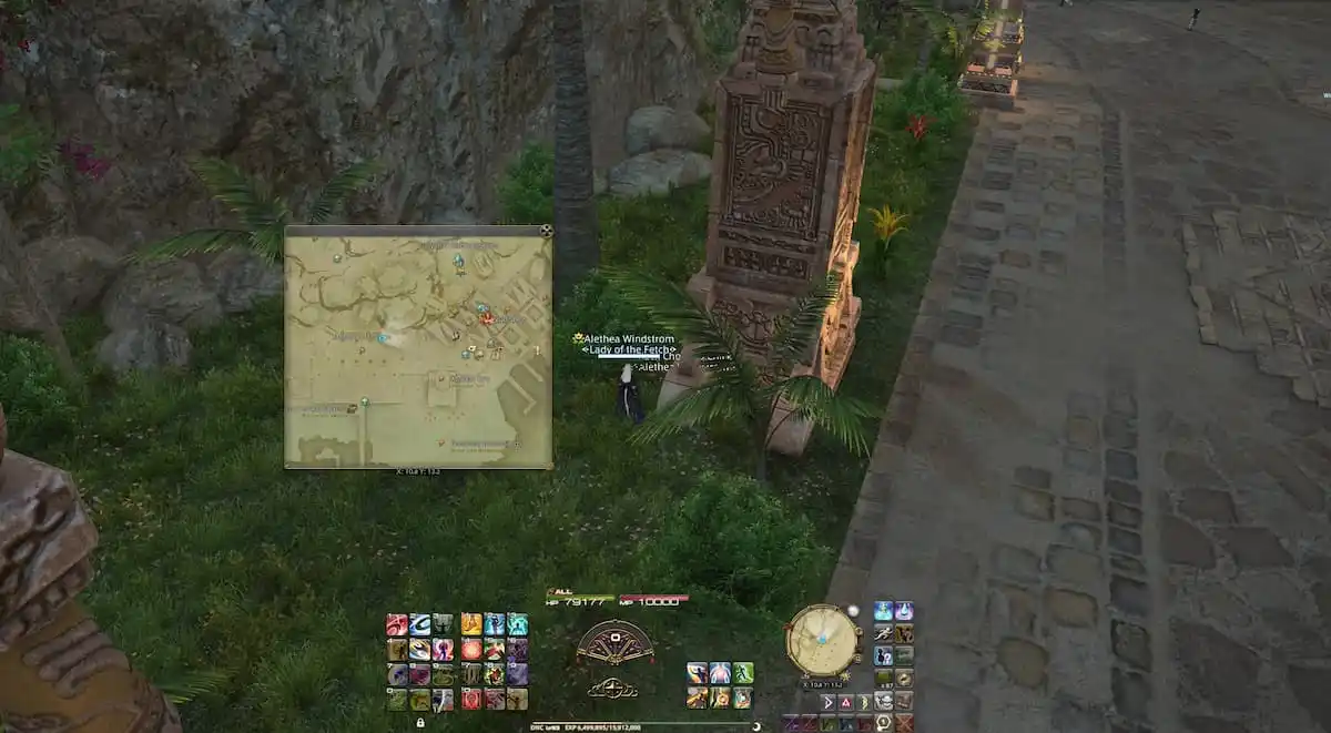 Image of the player character beside a large stone column near a road looking at a map in FFXIV