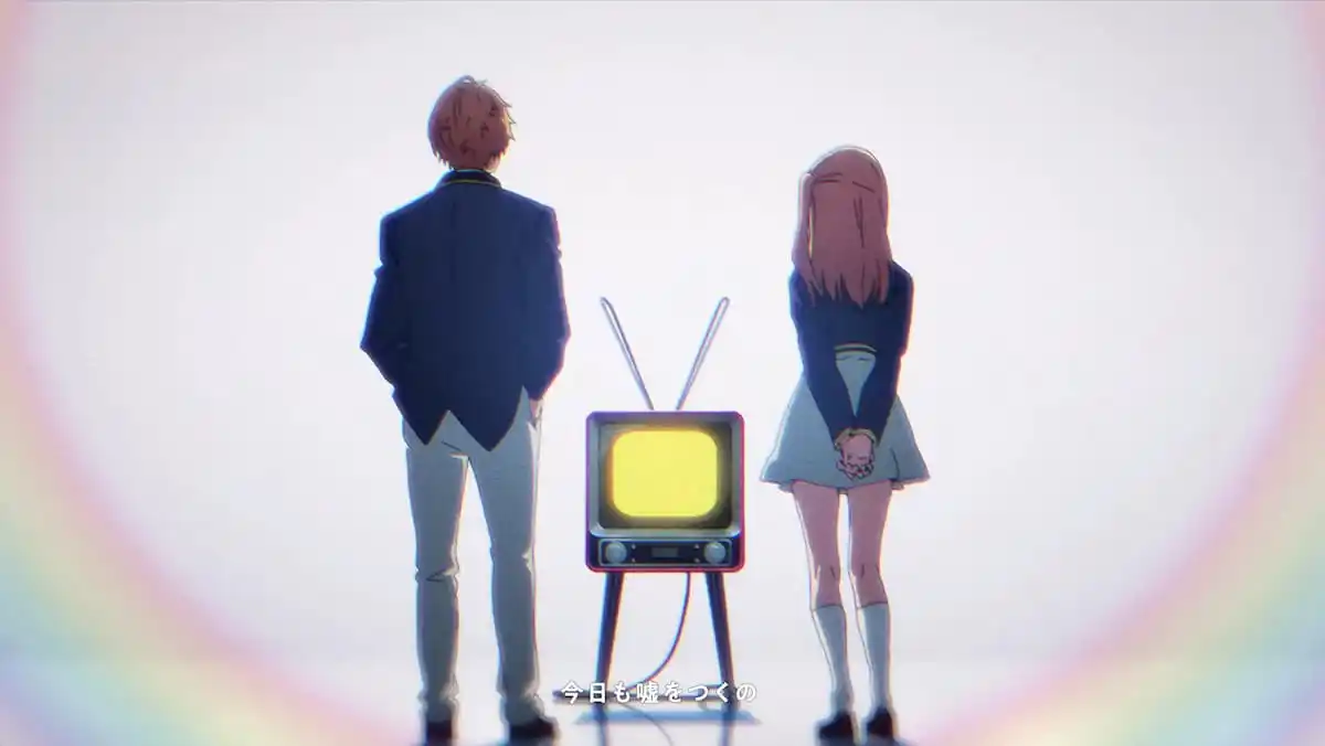 a still of aqua and ruby looking at the tv in the oshi no ko music video