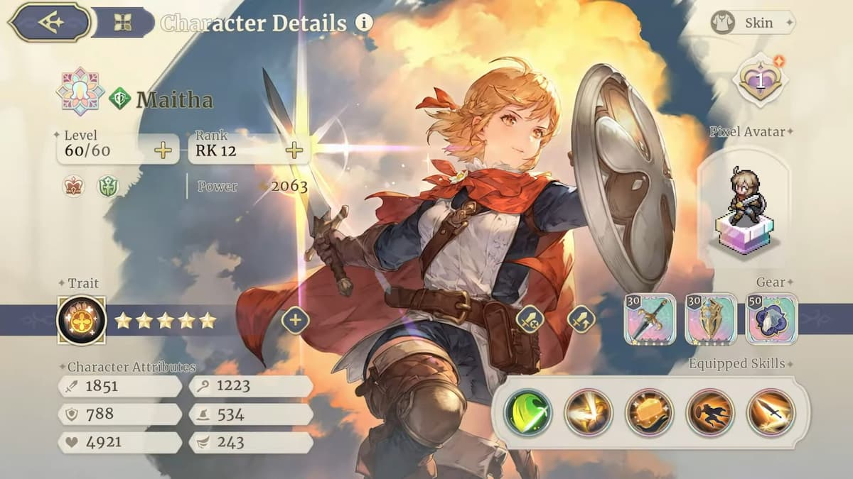 a screenshot of maitha's character details in sword of convallaria