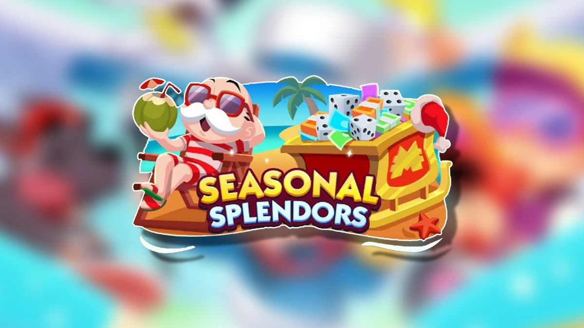 An image of the Seasonal Splendors logo on top of a blurred Monopoly GO background in an article detailing how earn rewards and complete milestones during the event