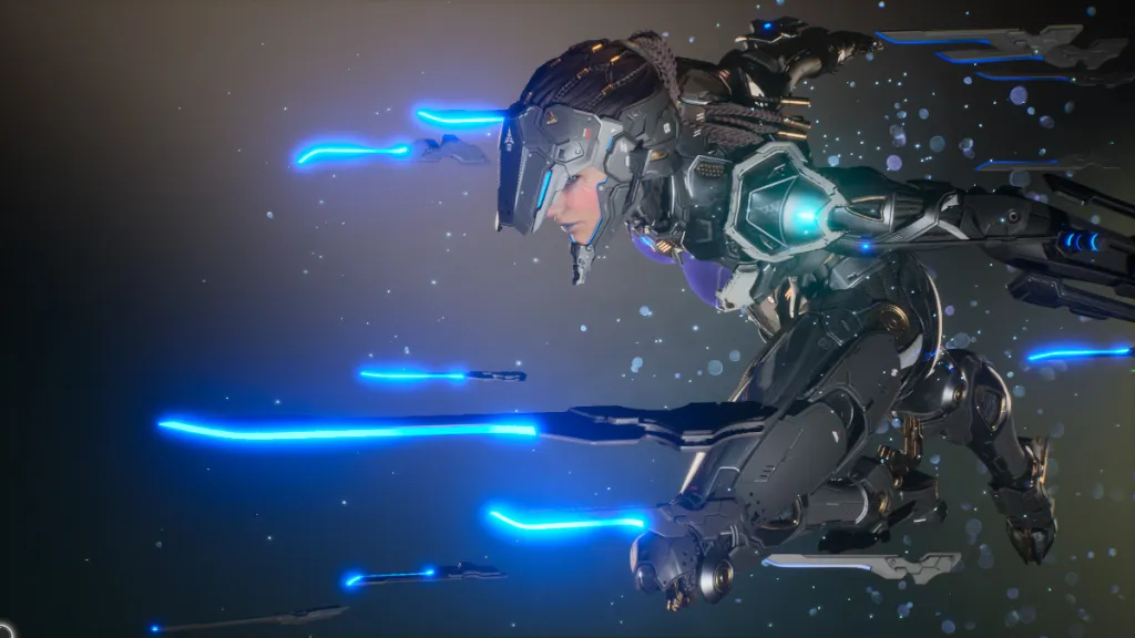 Sharen in The First Descendant, leaning forward with a series of glowing blades flanking around her as she lunges