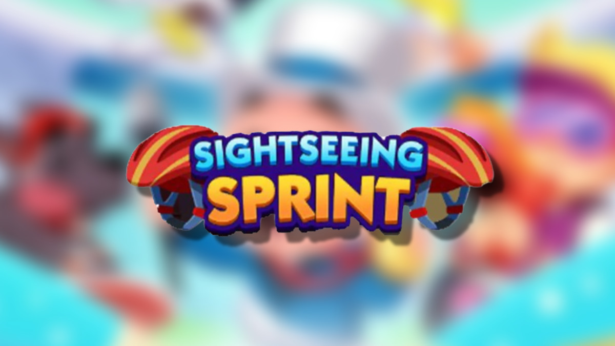 The Monopoly GO Sightseeing Sprint logo on top of a blurred Monopoly GO background in an article detailing all of the rewards and milestones