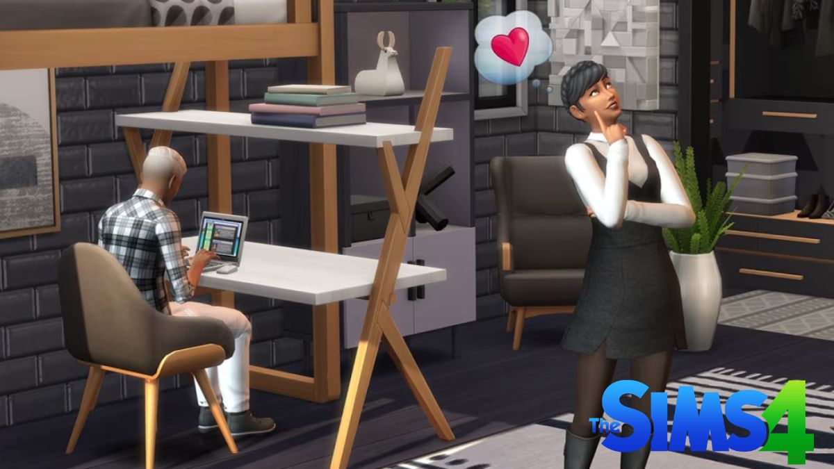 A Sim typing on a computer while another contemplates love