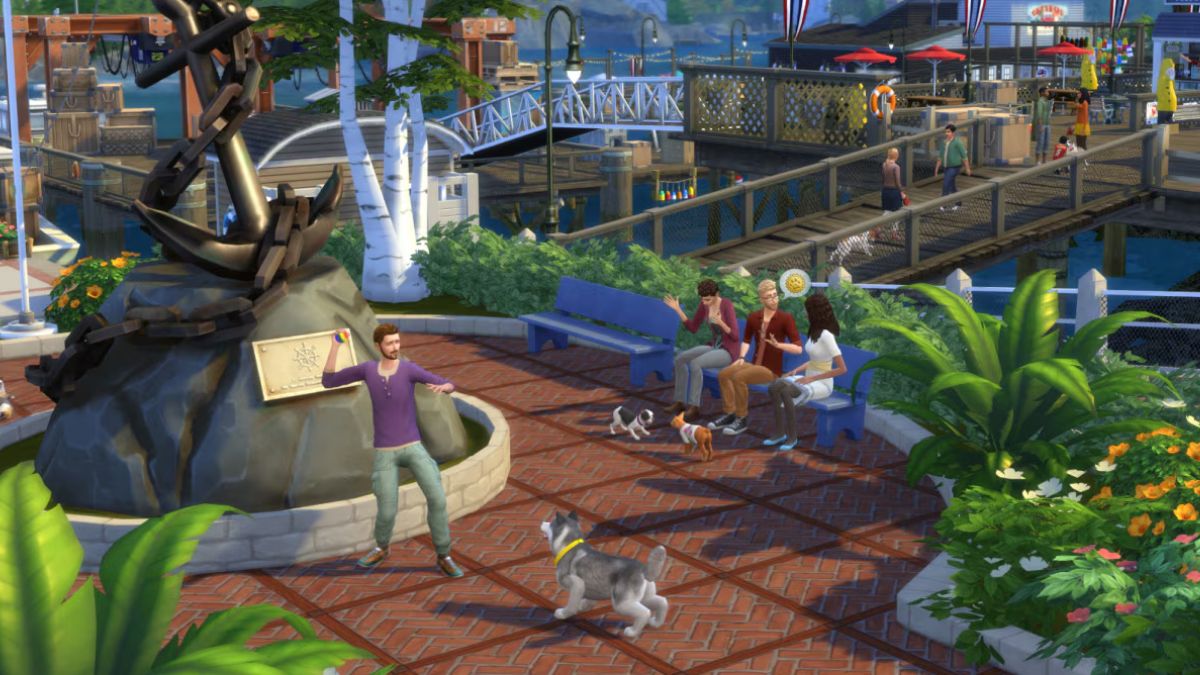 Sims 4 Cats and Dogs promo image featuring the Brindleton Bay neighborhood