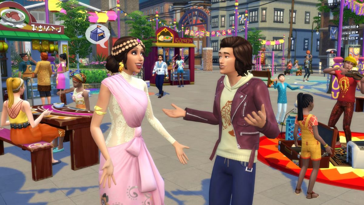 Sims 4 City Living promo image featuring two Sims excitedly talking at a cultural festival