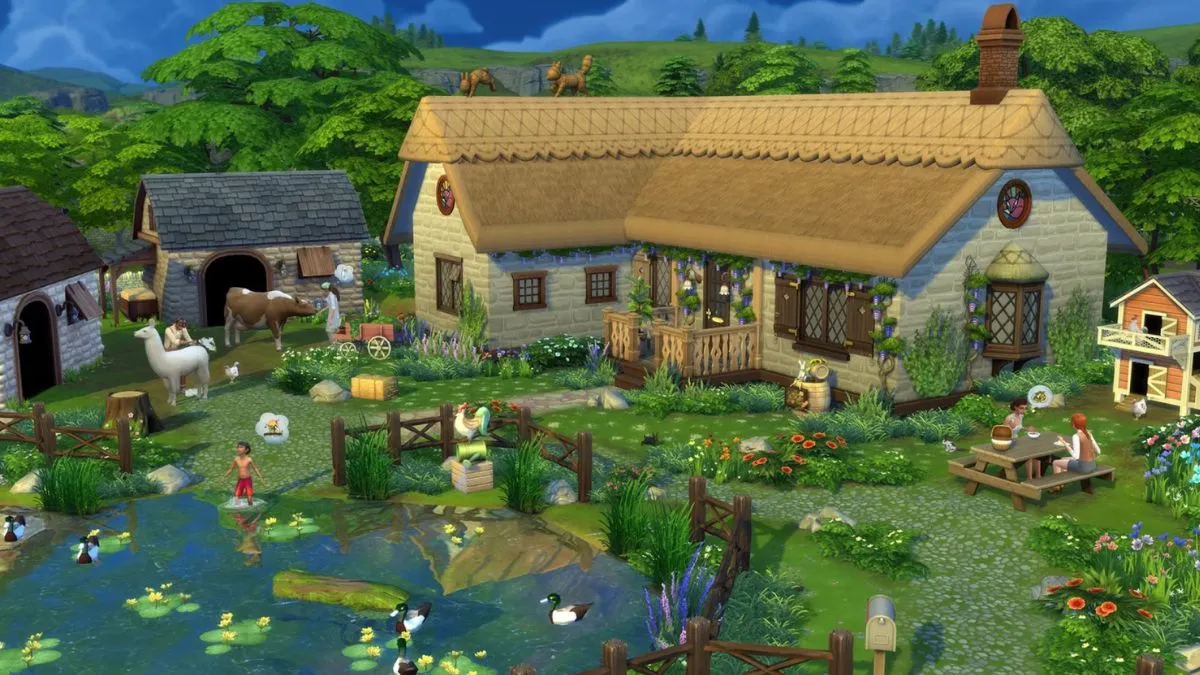 Sims 4 Cottage Living promo image featuring an idyllic countryside home